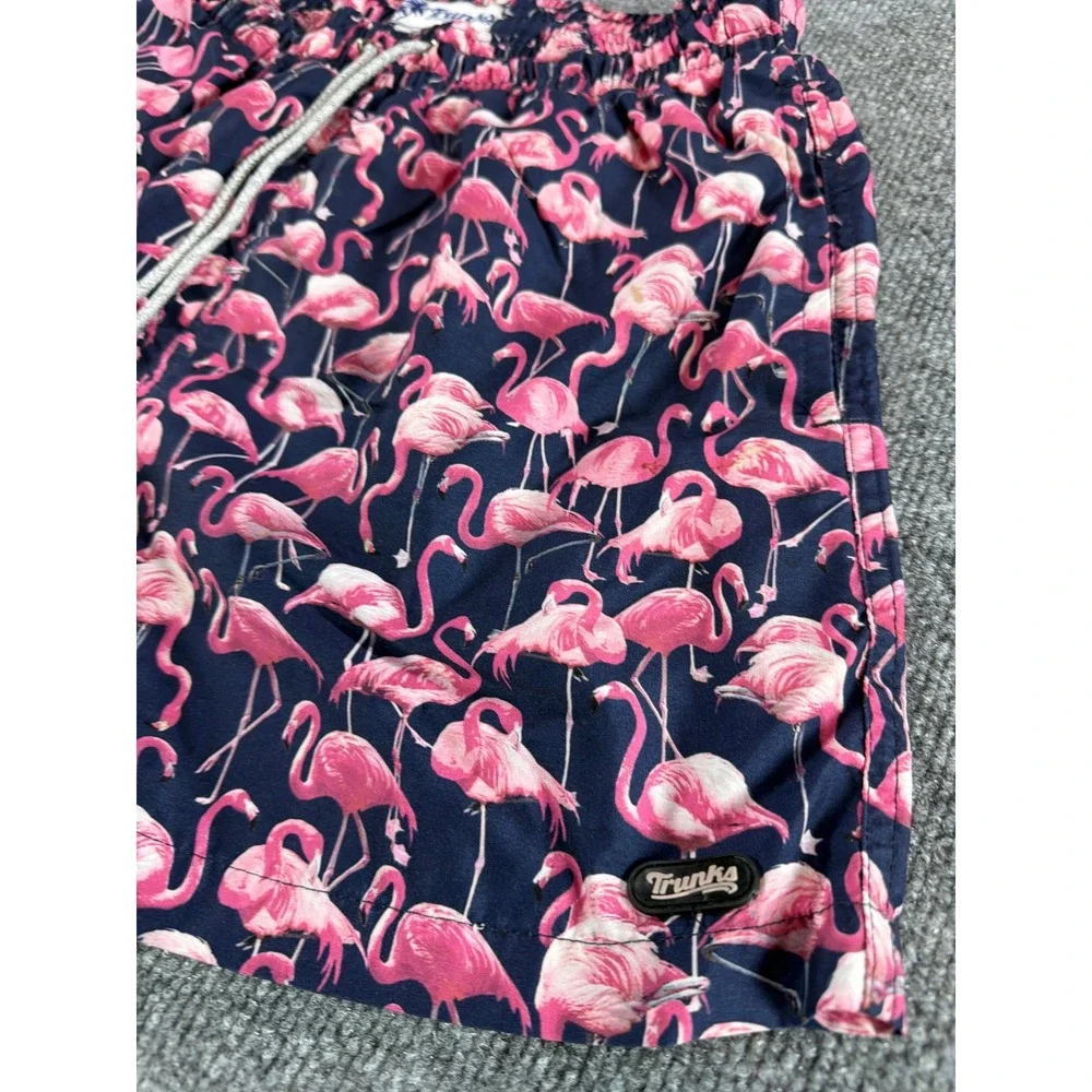 Trunks Surf & Swim Co‎ Mens Pink Flamingo Print Swim Trunks Navy Blue Medium 5in